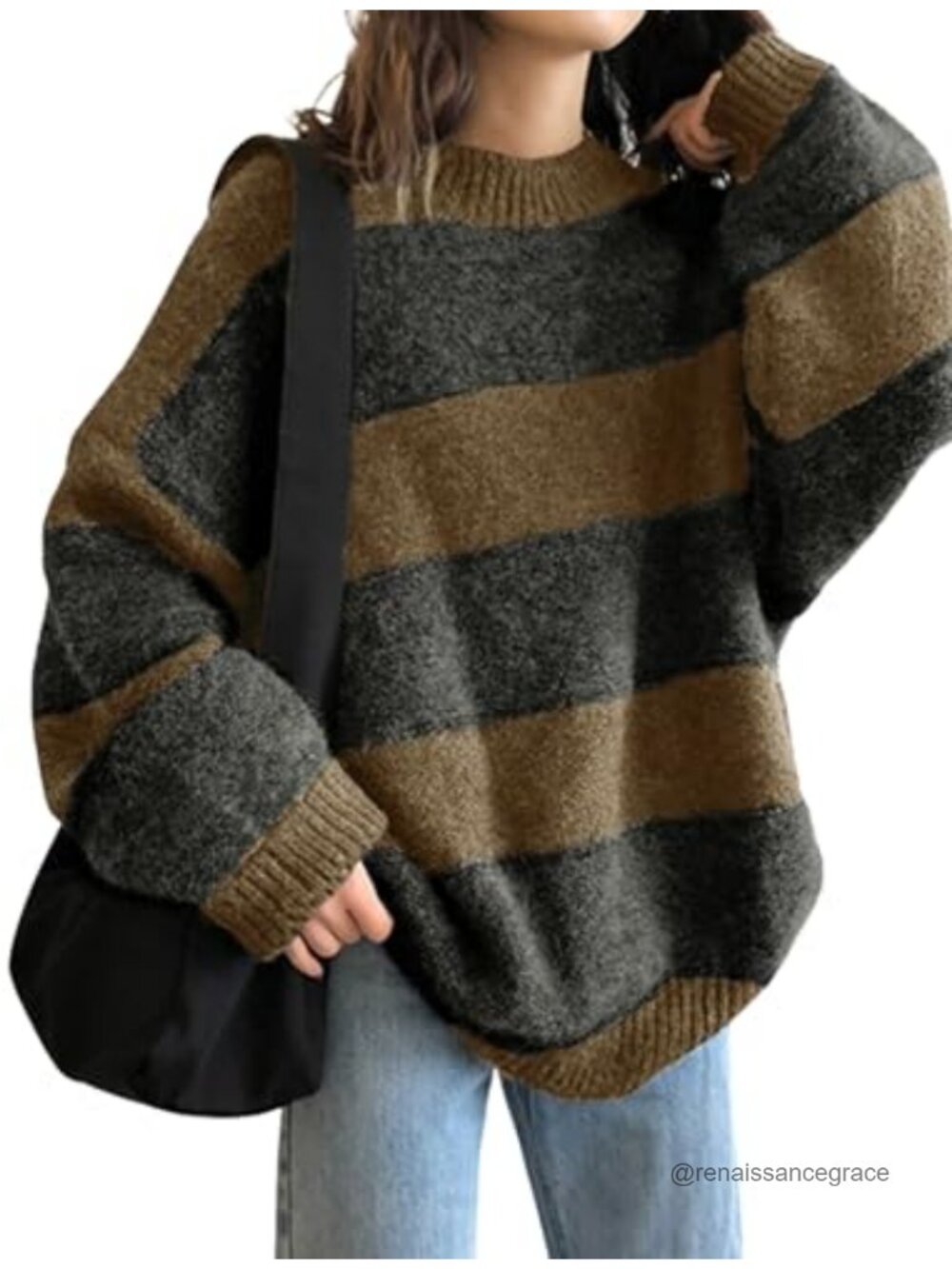 Womens Oversized Striped Knit Sweater Long Sleeve Crewneck Pullover